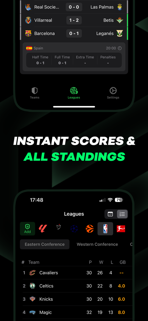 Standings · Live Score Widgets - Mobile interface showing live soccer scores and NBA Eastern Conference standings in a dark minimalist theme.