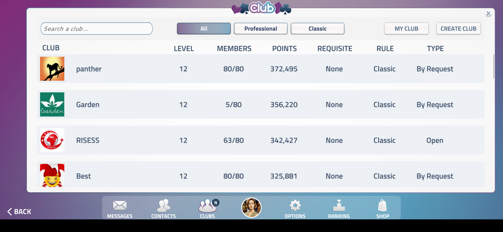 Buraco Plus - Buraco Plus club selection screen showing various player groups and membership stats.
