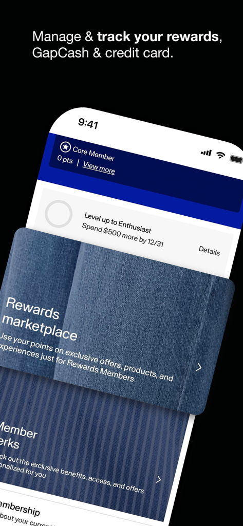 Pantalla de la app móvil de Gap que muestra el mercado de recompensas y el seguimiento de los beneficios para miembros