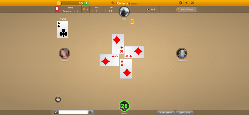 King of Hearts card game multiplayer interface showing a digital card table with four players