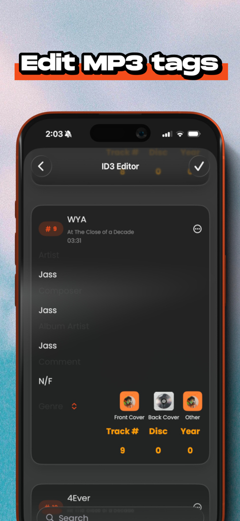 MP3 Player - Tape Eater - Screenshot of the Tape Eater ID3 Editor screen showing options to edit artist composer and album artwork for music files