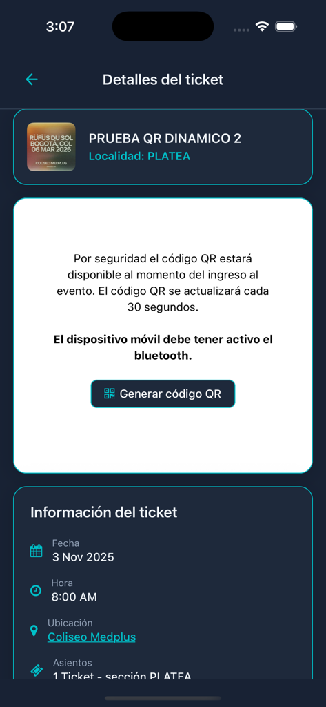 Taquillalive - Pantalla de detalles de la entrada digital que muestra la generación de código QR dinámico e instrucciones de seguridad para un evento en vivo.