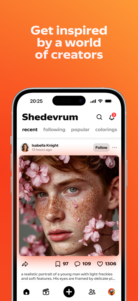 Shedevrum - Interface do feed social do aplicativo móvel Shedevrum mostrando um feed de arte digital gerada por IA