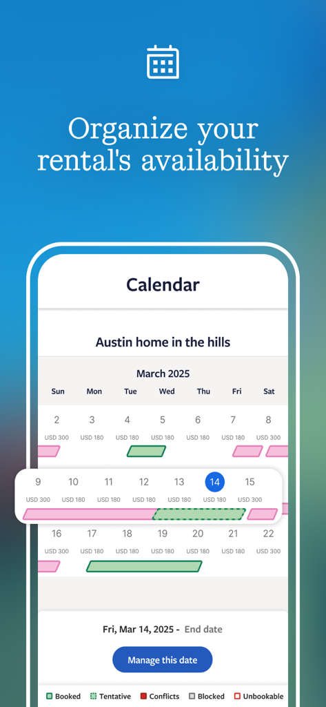 Vrbo Owner - Vrbo Owner app calendar view showing vacation rental availability and booking status for a property