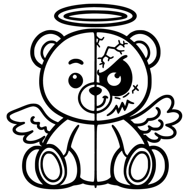 teddy bear split in half one side is evil and the other half has a halo above thier head