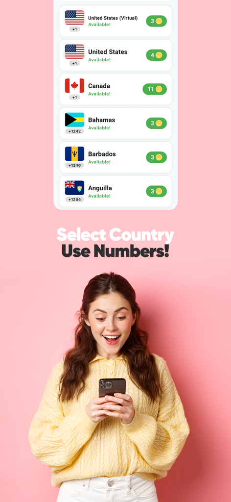 vNum: Second Phone Number - vNumアプリでさまざまな国の仮想電話番号を選択する女性
