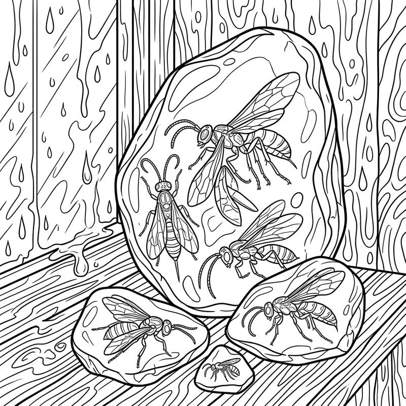 Unleash your creativity with this unique coloring page featuring ancient amber wasps, perfectly set against a cozy rainy day backdrop. It's an engaging way to explore natural history while enjoying a relaxing artistic escape.