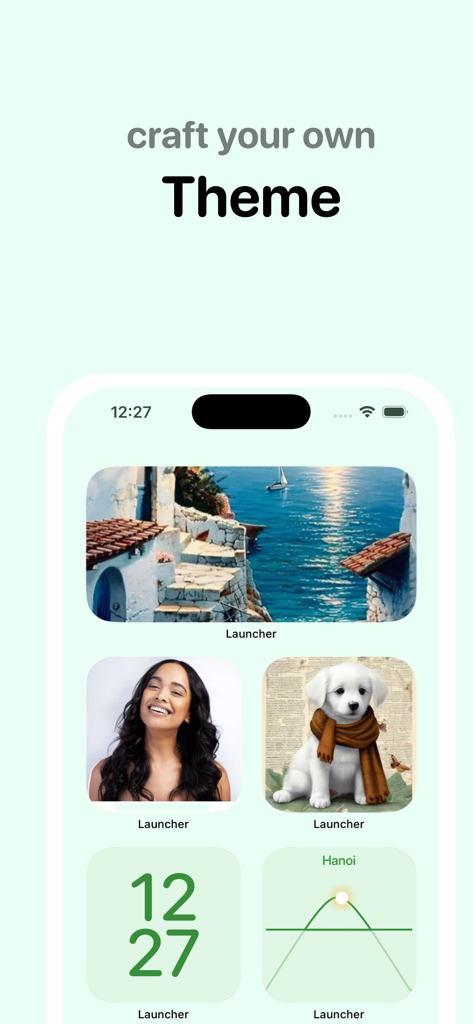 A customized iPhone home screen featuring aesthetic photo widgets, a digital clock, and a location widget created with Magic Launcher.