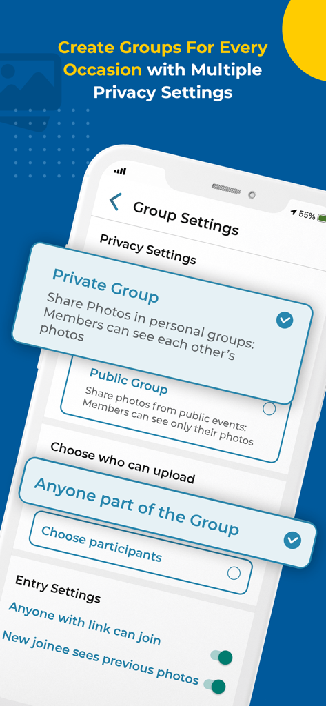 Kwikpic app screen showing group privacy and sharing settings
