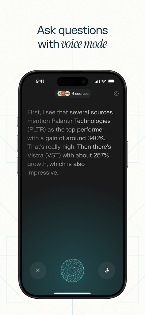 Perplexity AI search app showing voice mode interface with stock market information and source citations