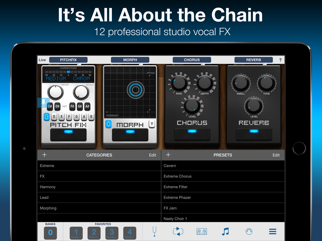 VocaLive for iPad interface showing a chain of vocal effects including Pitch Fix Morph Chorus and Reverb