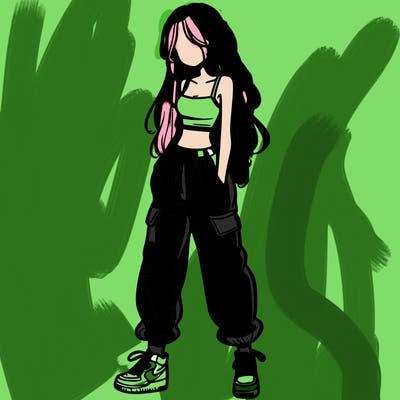 girl in baggy pants crop top and long hair