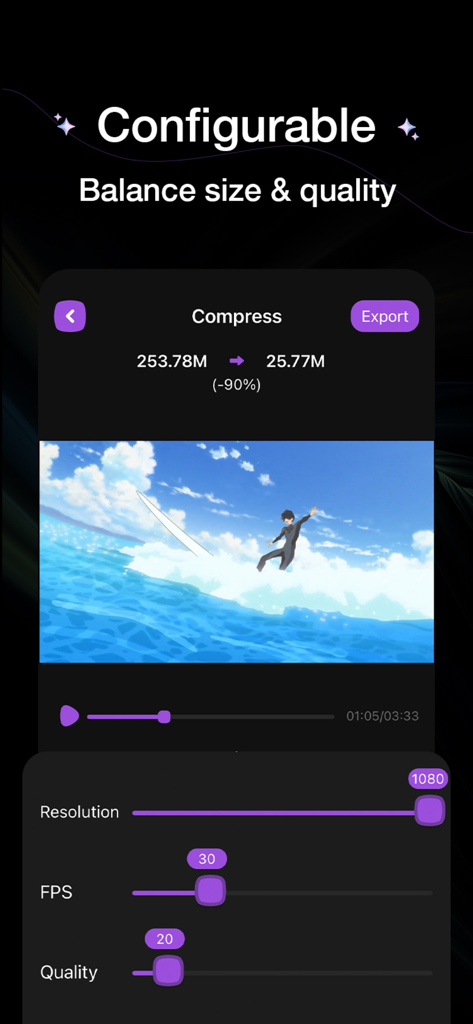 Video Compressor - HQ Compress - Video Compressor App-Oberfläche mit einstellbaren Schiebereglern für Auflösung, FPS und Qualität zur Reduzierung der Videodateigröße