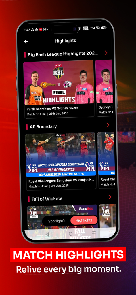 Sandbrix - Sandbrix mobile app interface showing cricket match highlights from the Big Bash League and IPL