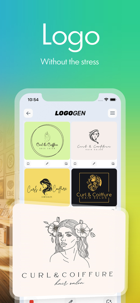 Logo Maker & Design Creator ‣ - A smartphone screen displaying several professional logo design options for a hair salon business.