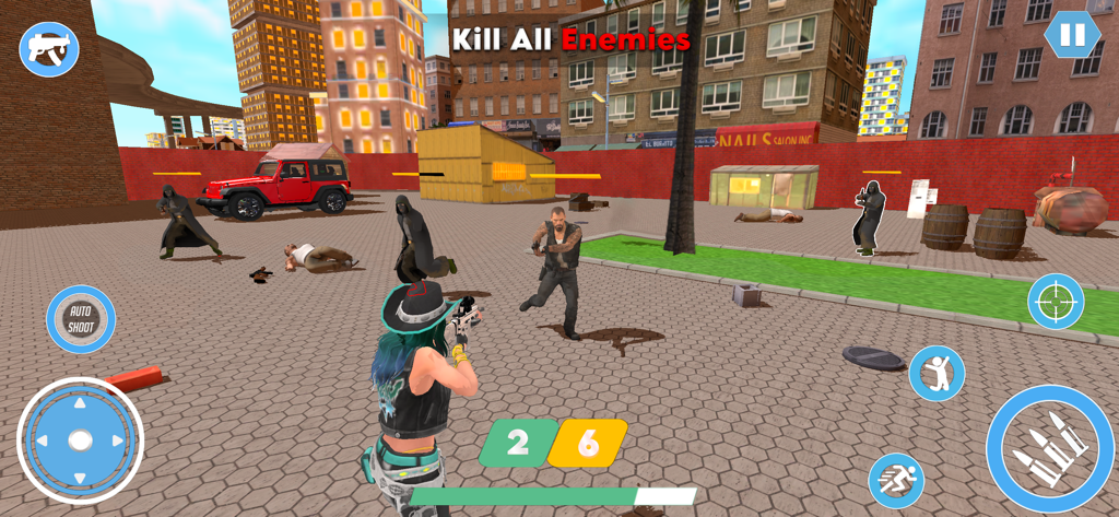 Vegas city Gangster 3D - A third-person shooter gameplay scene in Vegas City Gangster 3D featuring a gunfight in an urban setting.