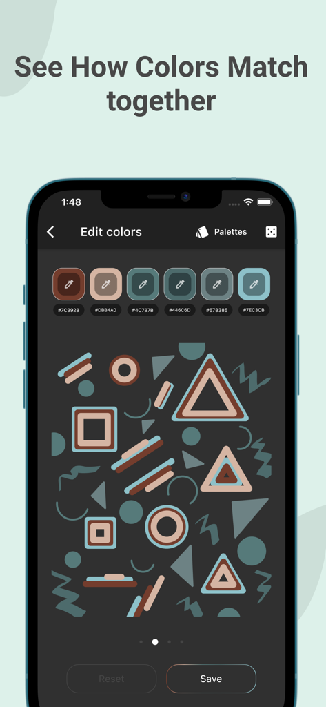Color Wheel： Palette ColorGear - App interface showing a color palette applied to an abstract geometric pattern