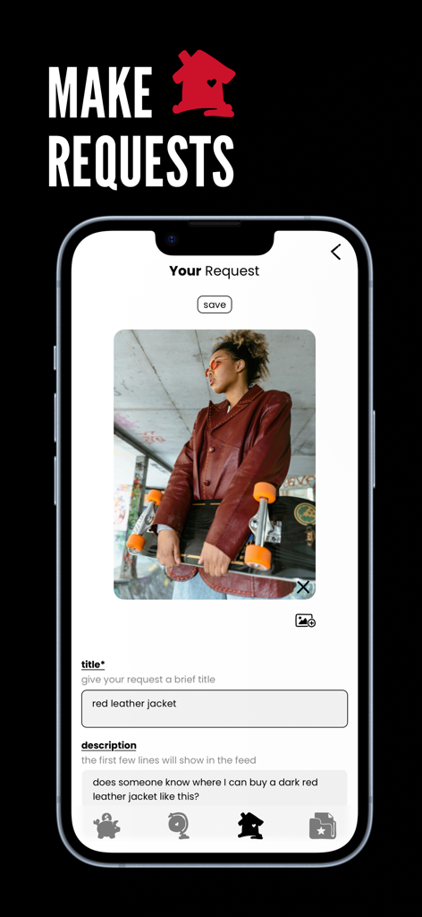 Treffa - Social Retail - Treffa app interface for creating a personal shopping request with an image and description