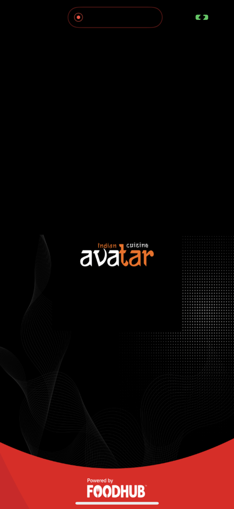 Avatar Indian Cuisine - Avatar Indian Cuisine App Startbildschirm mit Restaurantlogo und Foodhub-Branding