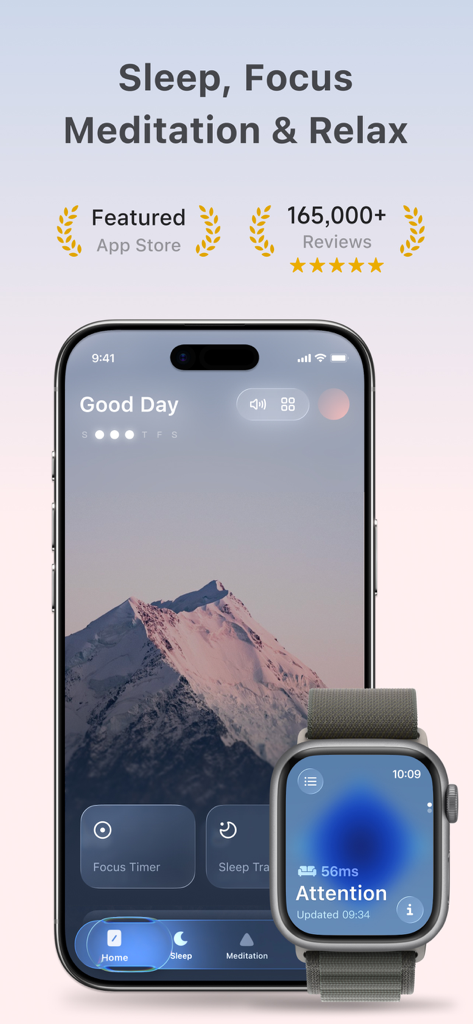 TIDE: Sleep, Focus, Meditation - TIDE app interface on iPhone and Apple Watch showing sleep focus and meditation features with a serene mountain background