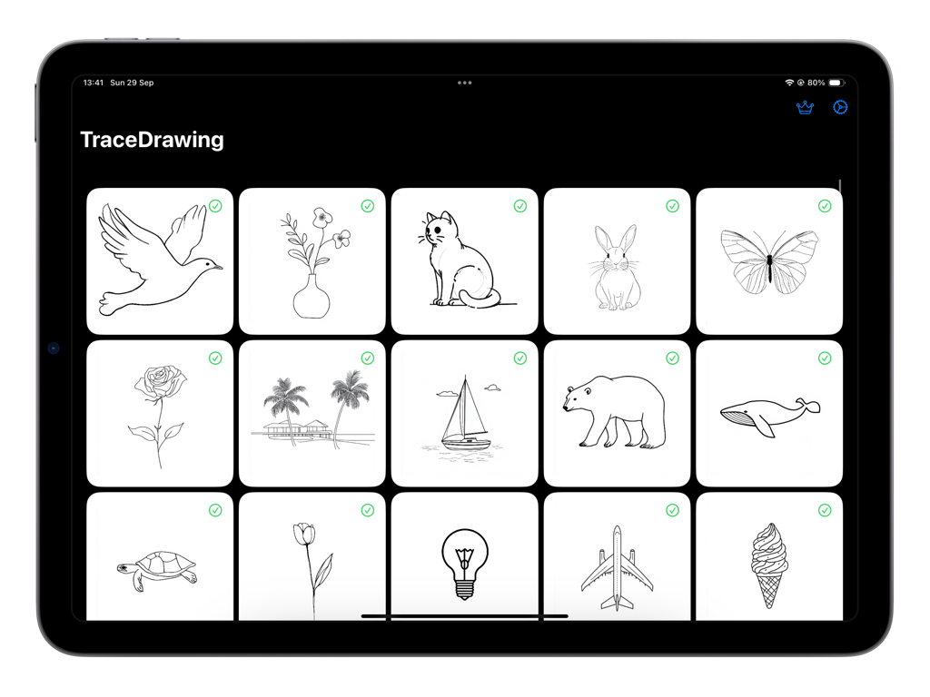 Trace Drawing - Una biblioteca de plantillas simples de dibujo lineal en la aplicación Trace Drawing en un iPad