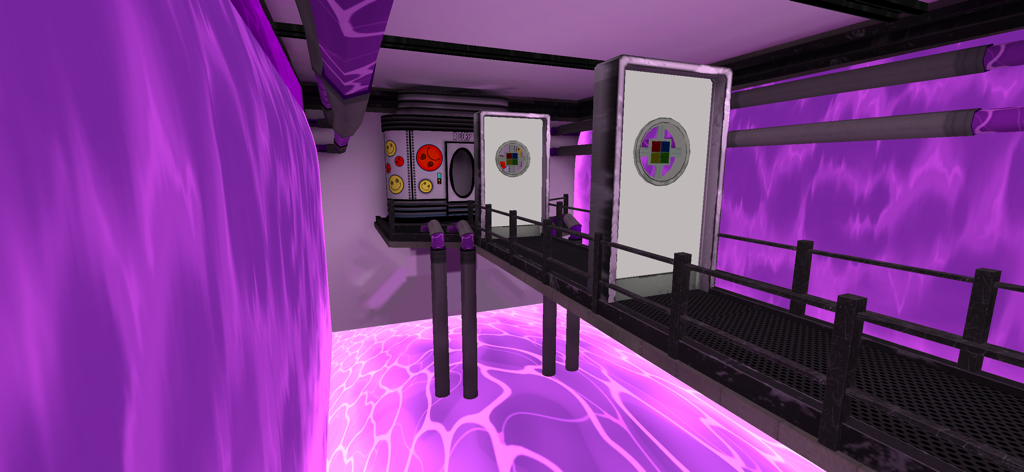 Smiling-X: Horror Game - A mysterious industrial room with a metal walkway over glowing purple liquid in the Smiling-X horror game