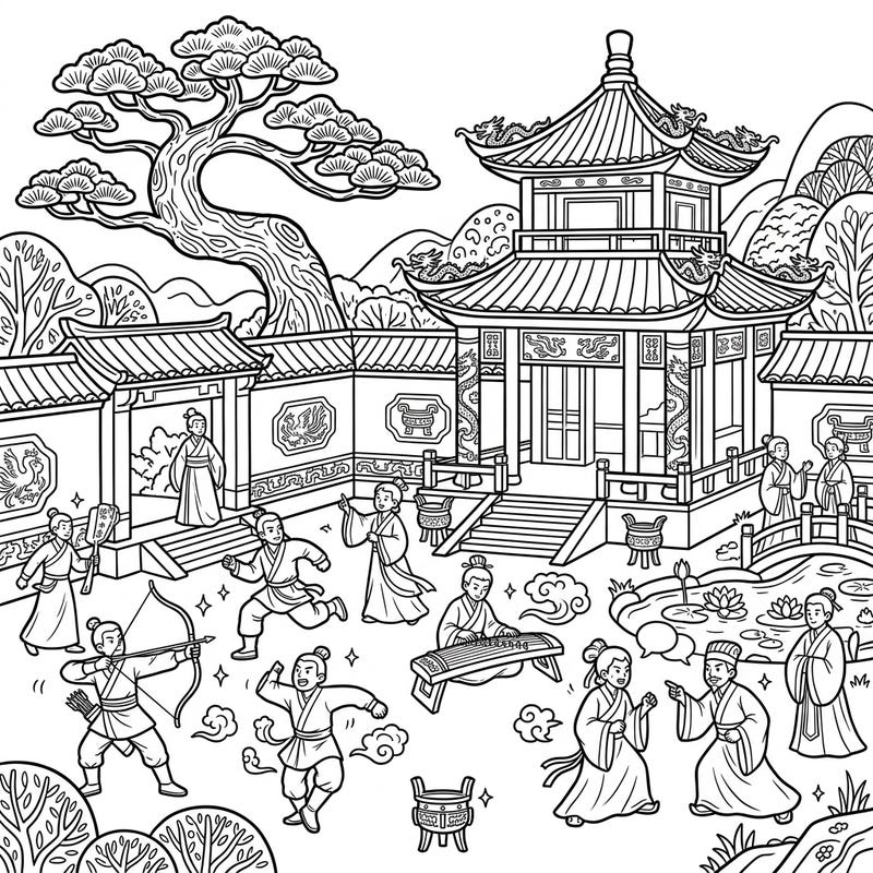 Step back in time to ancient China with this exquisite coloring page, capturing the vibrant essence of a summer day during the illustrious Zhou Dynasty. Discover a rich tapestry of traditional architecture, lively figures, and serene landscapes, all waiting for your creative touch.
