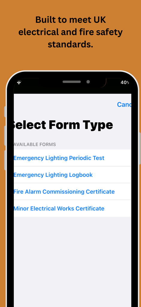 Lux Meter Pros - 다양한 전기 및 화재 안전 인증서 옵션을 보여주는 Lux Meter Pros 앱의 메뉴