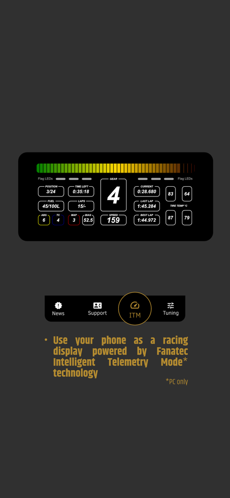 Fanatec App - Digital racing dashboard in the Fanatec App showing real-time telemetry including gear, speed, and lap times