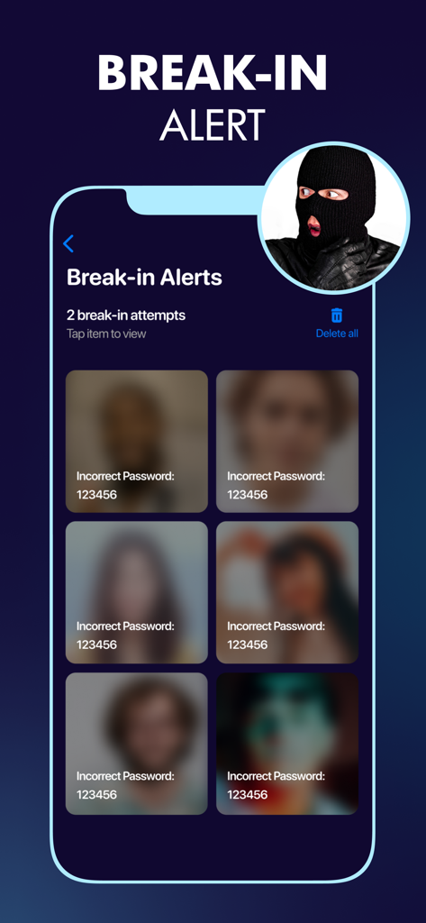 Secret Photo Vault: Pic Safe - Break-in alert screen in Secret Photo Vault showing photos of unauthorized access attempts and incorrect password logs.