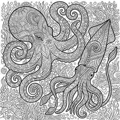 Embark on an underwater artistic adventure with this stunning Zentangle coloring page, showcasing a magnificent octopus and a graceful squid. Immerse yourself in the intricate patterns and bring these fascinating sea creatures to life with your vibrant colors.
