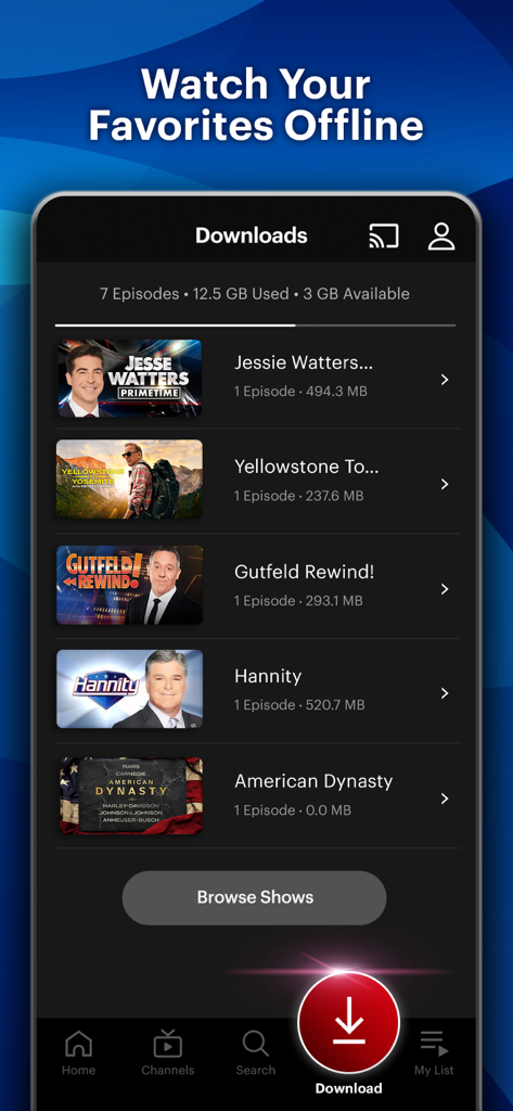 Fox Nation - Fox Nation app screen displaying a list of downloaded shows for offline viewing
