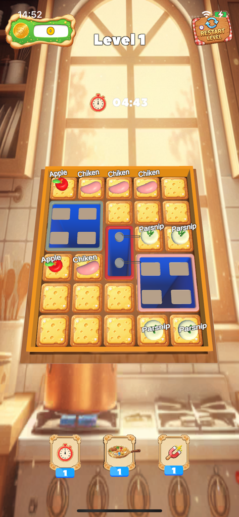 La jugabilidad de Dairy Insight match mostrando la clasificación de alimentos en una cuadrícula en un entorno de cocina