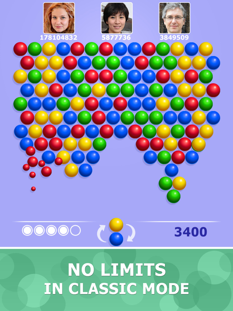 Classic bubble shooter gameplay of Bubblez Magic Bubble Quest HD on iPad showing colorful bubbles and player scores.