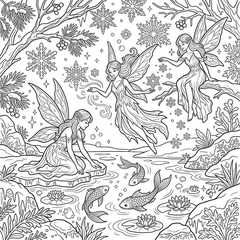 Discover the serene beauty of water fairies amidst a frosty winter landscape. This enchanting coloring page invites you to bring a magical seasonal tableau to life with your favorite colors.