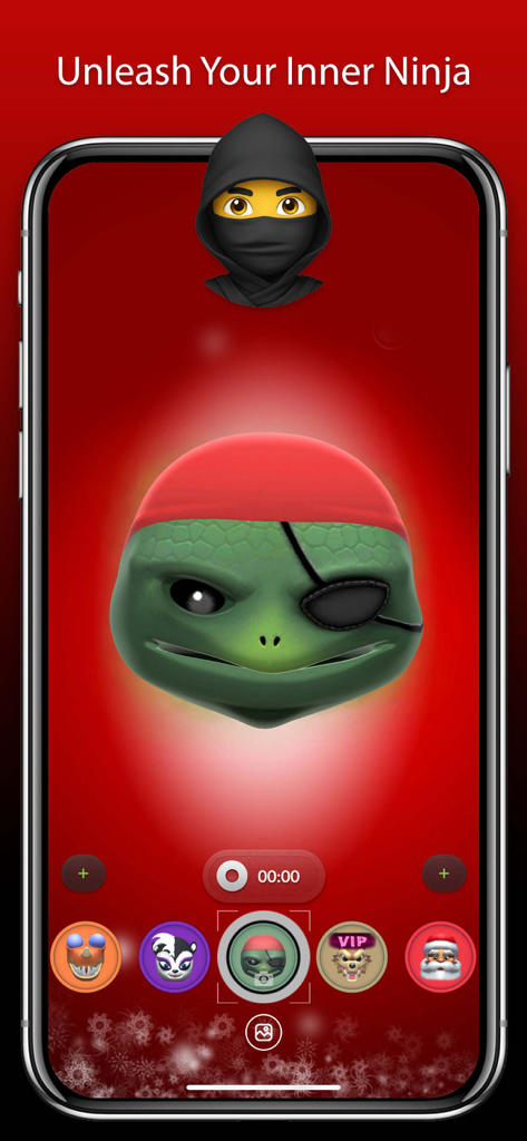 EMOJI Face Recorder app interface featuring a 3D ninja turtle character face mask