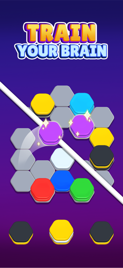 Color Hexa Sort Puzzle Game - Gameplay of Color Hexa Sort Puzzle Game featuring colorful hexagonal tiles and the slogan Train Your Brain.