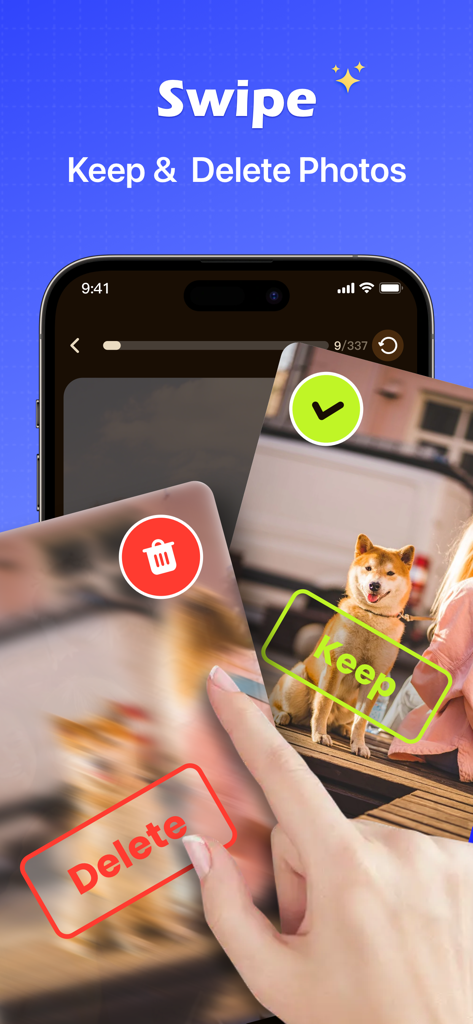 iPhone interface of Boost Cleaner app showing the swipe left to delete and swipe right to keep photos feature