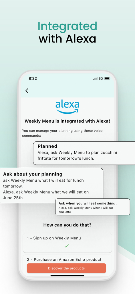 Weekly Menu - Wochenmenü-App-Oberfläche, die die Amazon Alexa-Sprachbefehlsintegration für die Essensplanung zeigt