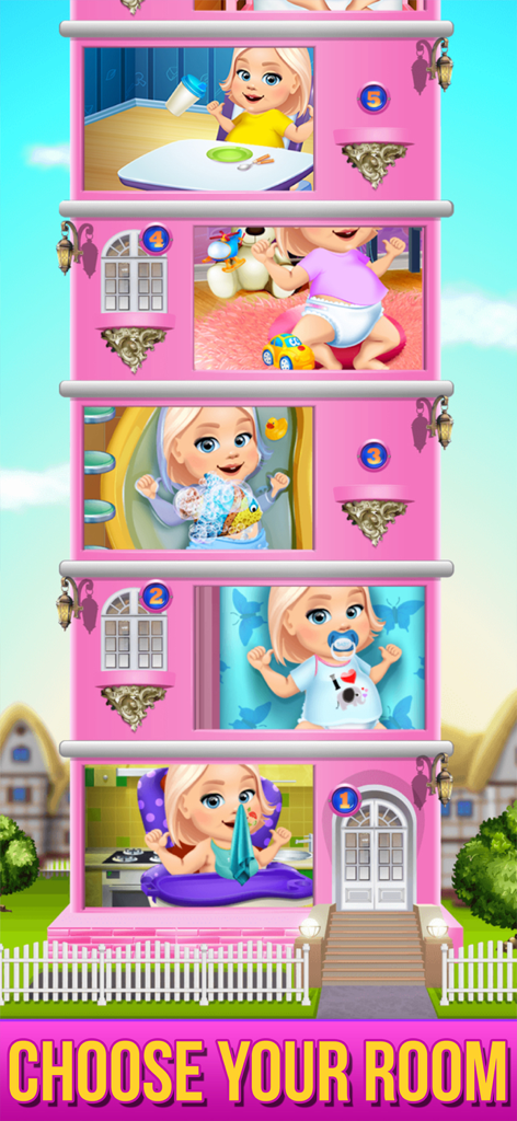 Baby Care & Dress Up Game - A dollhouse style level selection screen showing a baby in different rooms like the nursery, kitchen, and bathroom.