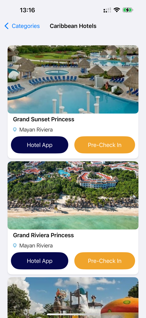 Écran de l'application Princess Hotels affichant les listes des complexes hôteliers des Caraïbes avec des boutons de pré-enregistrement