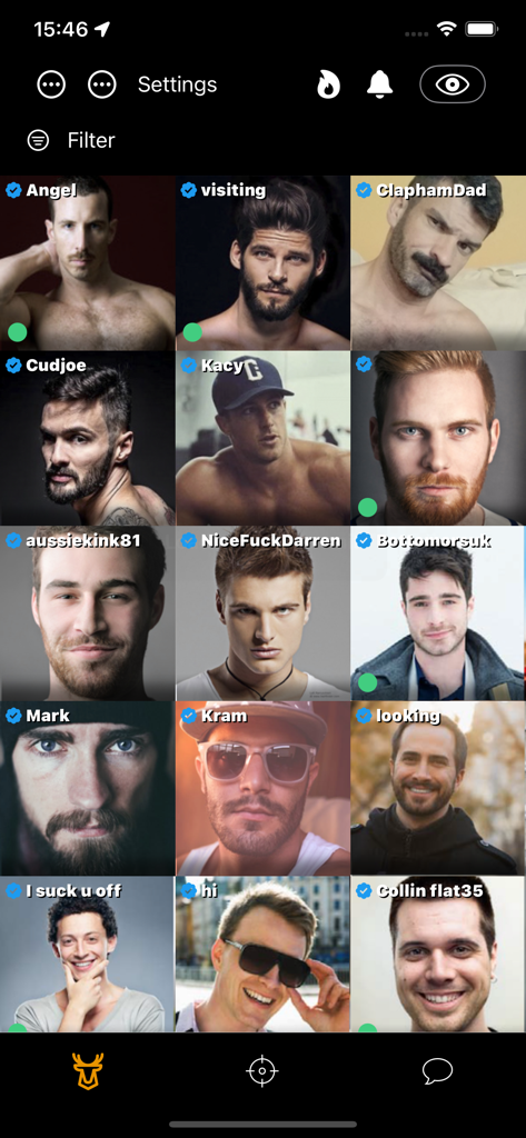 A mobile interface displaying a grid of various male user profiles on the Cruising gay dating and social app