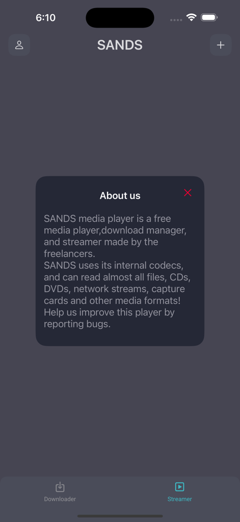 SANDS-Movie - SANDS Movie app about us section describing its features as a media player download manager and streamer
