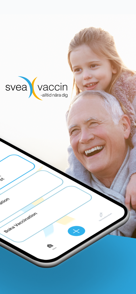 Svea Vaccin - Pantalla de inicio de la aplicación médica Svea Vaccin que muestra opciones de reserva de vacunas con una imagen de fondo de un abuelo y una nieta.