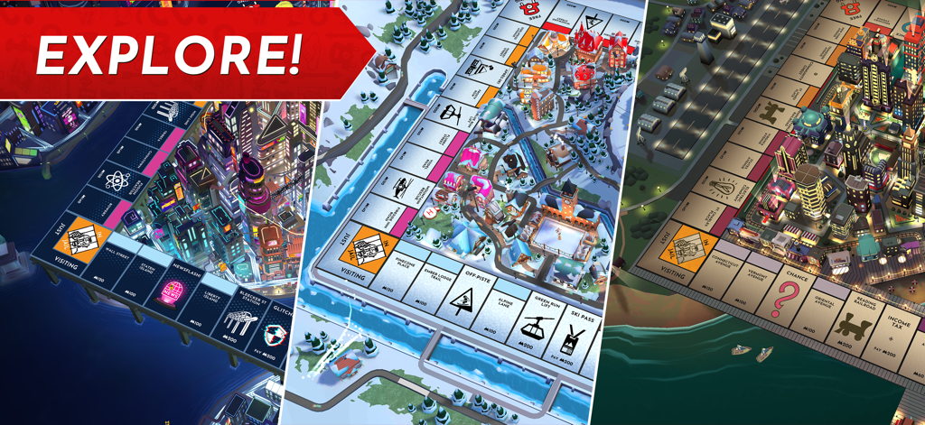 Monopoly board game app showing three unique 3D game board themes including a neon city and a winter resort