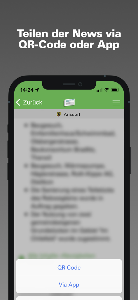 The sharing interface of the Gemeinde-News app with buttons to share news via QR code or another app.