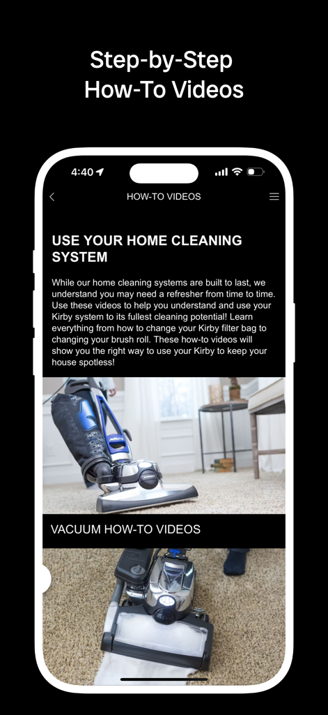 Kirby vacuum app showing a list of instructional videos for the home cleaning system.