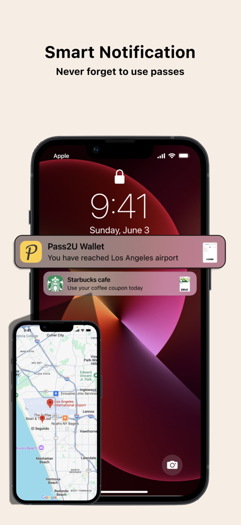 iPhone lock screen showing smart location-based notifications for an airport boarding pass and a Starbucks coffee coupon.