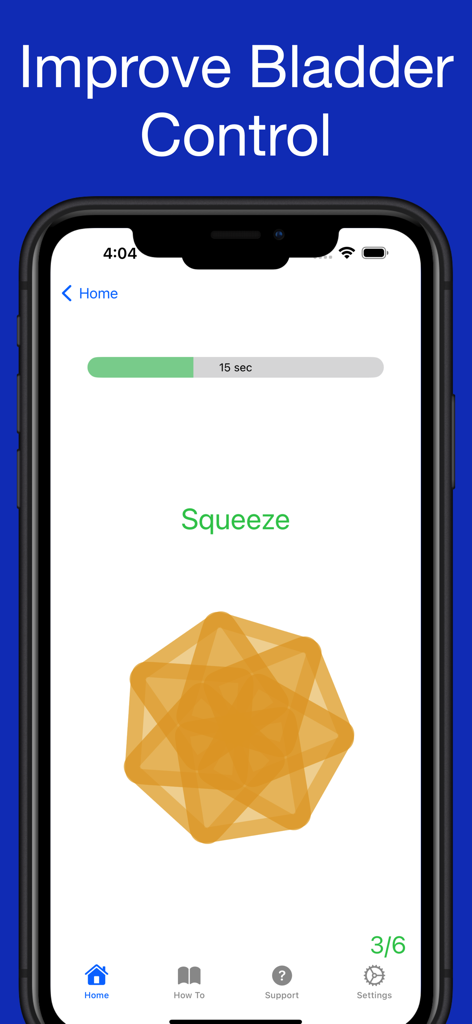 Kratos Kegel Workout app interface showing a squeeze exercise for bladder control with a 15 second timer