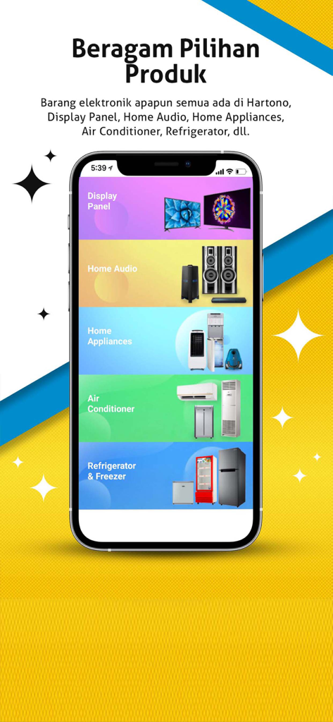 Un smartphone affichant diverses catégories de produits électroniques dans l'application MyHartono, y compris l'électroménager et l'équipement audio.